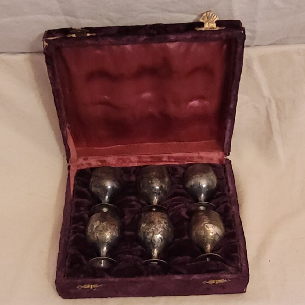 Vintage Set of 6 Silver Plate Stemmed Glasses in Original Box.